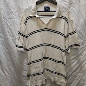 Abercrombie Fitch Mens Knit Polo Shirt Beige Black Stripe XXL Tall Short Sleeve
